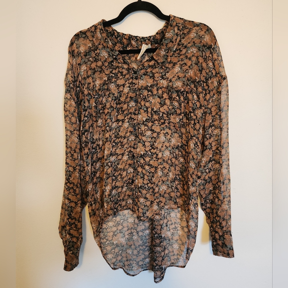 Free People High Low Sheer Flowy Floral Button Down Blouse